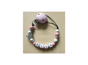 Attache sucette prénom personnalise Rose argent et blanc