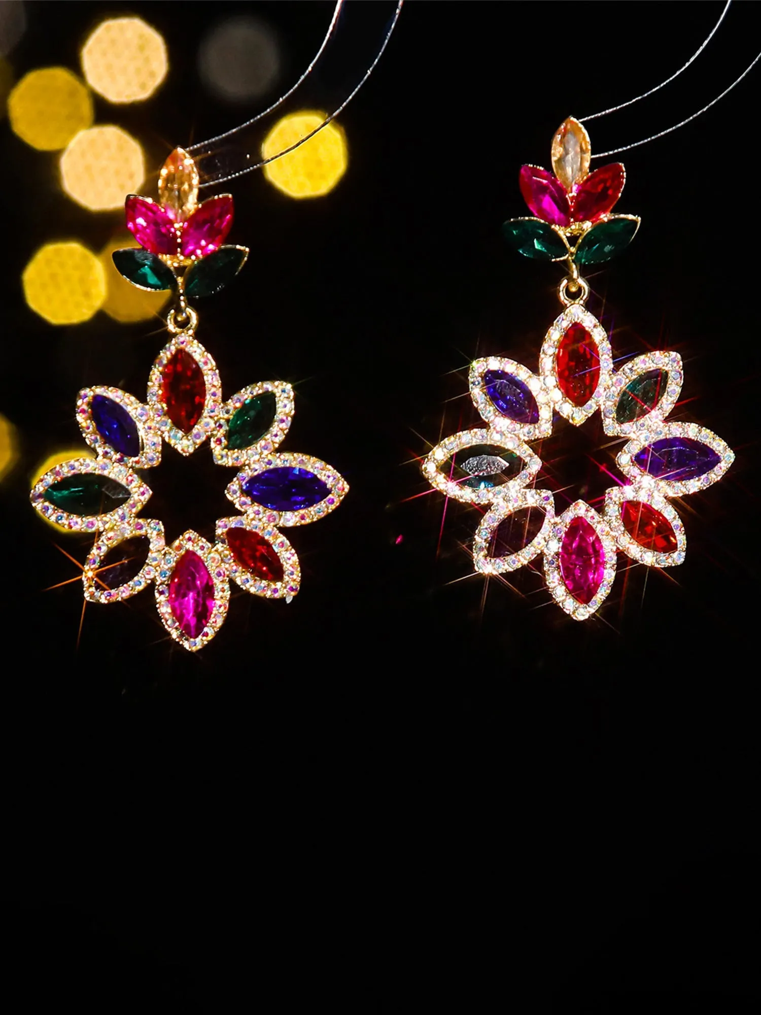 Boucles d'Oreilles en Verre Coloré et Strass Florales à la Mode