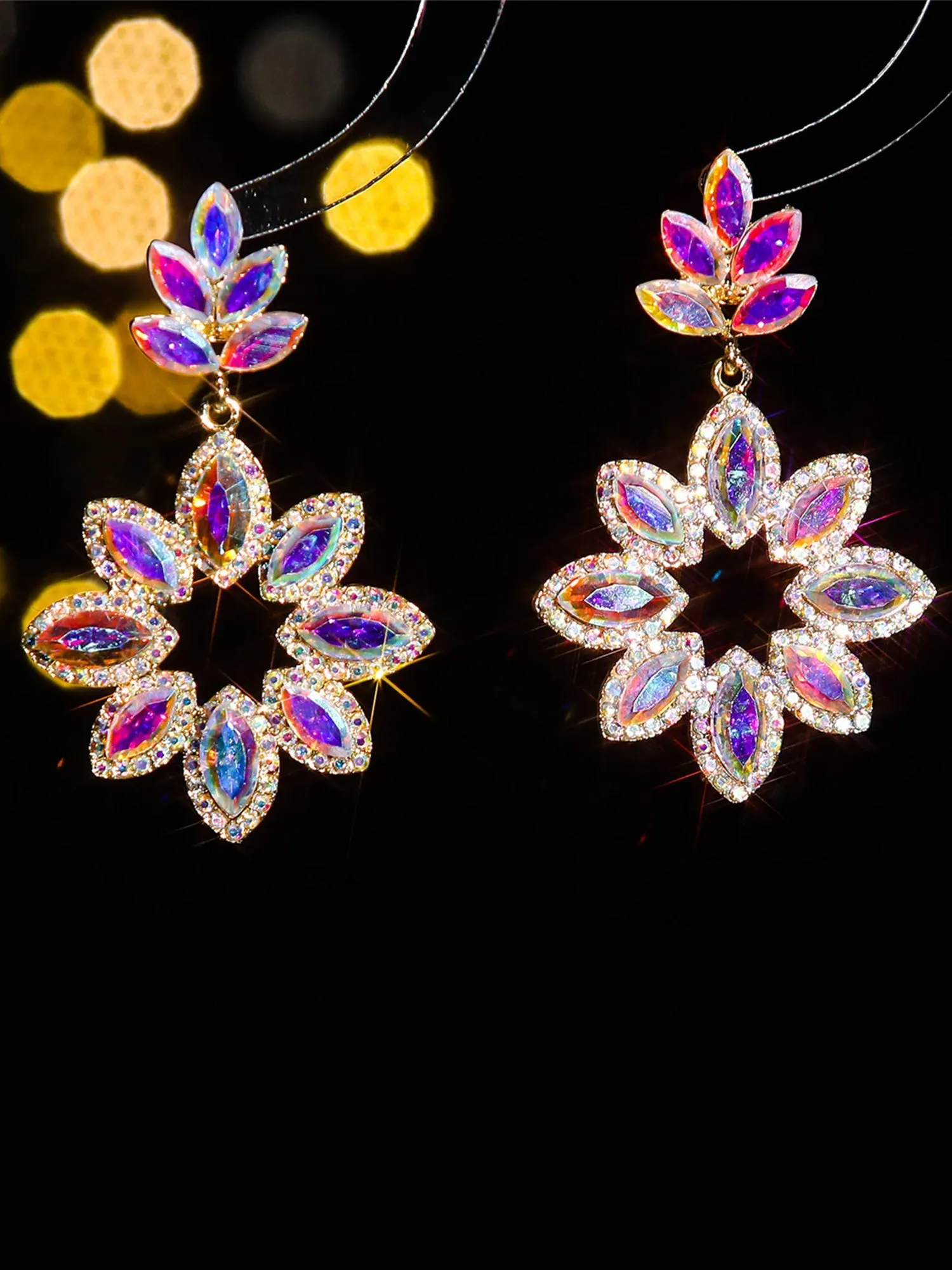 Boucles d'Oreilles en Verre Coloré et Strass Florales à la Mode